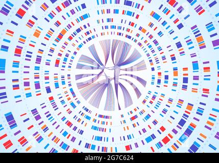 Genome infographic. Dna sequence visualization, genetic mapping, gene barcoding. Abstract chromosome map diagram, genetics analysis vector concept. Circular network colorful structure Stock Vector
