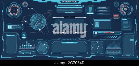 Futuristic hud interface. Sci-fi virtual communication display layout. Digital hologram screen, spaceship control panel vector template. Bars, titles, dashboard and window with information Stock Vector