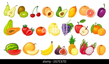 Cartoon fruit slices. Kiwi dragon fruit, pomegranate peach, apple, grape mango, lemon watermelon orange. Ripe juicy fruits vector set. Juicy tropical or exotic food with vitamins Stock Vector