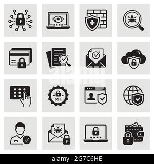 Cyber security icons, such as email virus threat, digital key, verification and more. Stock Vector