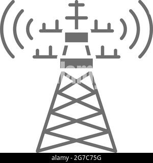 5G internet tower, telecommunications tower, satellite antenna grey icon. Stock Vector