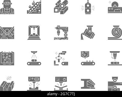 Set of Metallurgy Industry Gray Icons. Conveyor, Mining Industry, Steel Pipes, Metallurgist, Robotic Manipulator Arm and more. Stock Vector