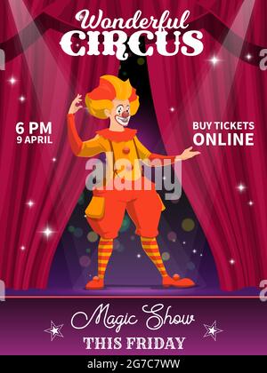 Shapito circus poster, cartoon clown character. Vector flyer with jester performing magic show on stage with curtains and spotlights. Artist performer Stock Vector