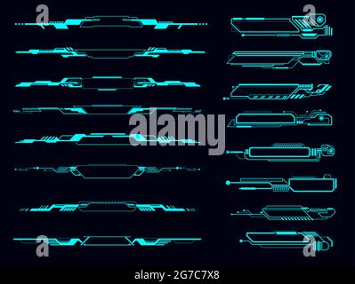HUD info boxes, futuristic display borders and interface, elements, vector. HUD tech or digital technology game frames and text boxes or call bars, UI Stock Vector