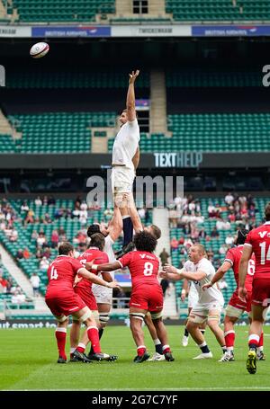 England lock Charlie Ewelsjumps for a line-out during the England -V- Rugby Canada match on Saturday, July 10, 2021, at Twickenham Stadium, Middlesex, Stock Photo