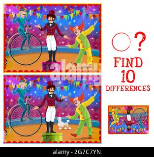 Find differences, circus stage with performers. Vector kids game ...