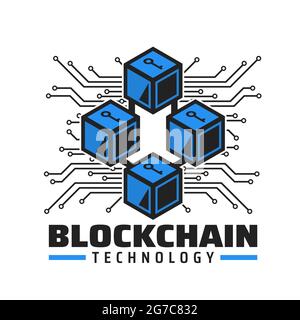 Blockchain technology icon, cryptocurrency payment service vector emblem. Blue cubes with key, computer motherboard tracks. Digital money technology, Stock Vector