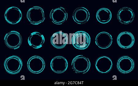 HUD round frames and borders, aim control and digital interface, vector. HUD technology and future tech game, target borders and hologram frames, user Stock Vector