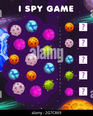 I spy kids game, cartoon space planets vector math test for children. How many planets in galaxy estimate task, counting practice for preschool or sch Stock Vector