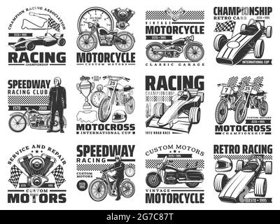 Motor sport racing, vintage motobike service icons set. Motorcycle racer, vintage chopper and motocross bike, formula one retro and modern car, engine Stock Vector