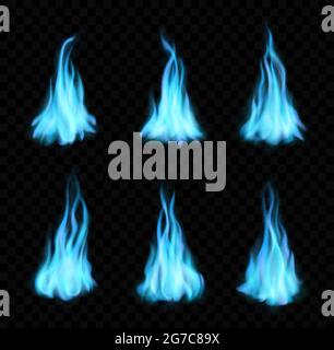 Natural gas burning blue flames, bonfire, realistic fire with long tongues. Vector blaze 3d effect, glowing shining flare design elements, magic infer Stock Vector