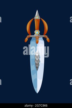 Magical cartoon dwarf broadsword blade. Vector fairytale short sword, fantasy knife of magic weapon with wooden handle and guard decorated gemstones. Stock Vector
