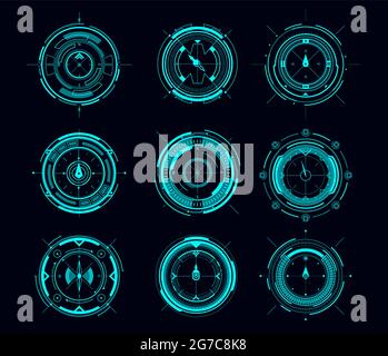 HUD compass or aim control panel vector futuristic user interface of Sci Fi. HUD game navigation compass and military aim system, sniper weapon target Stock Vector