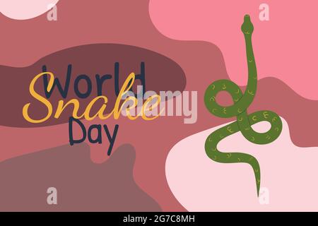 World snake day illustration. Vector hand drawn illustration with snake on abstact spot background in pink color palette. Stock Vector