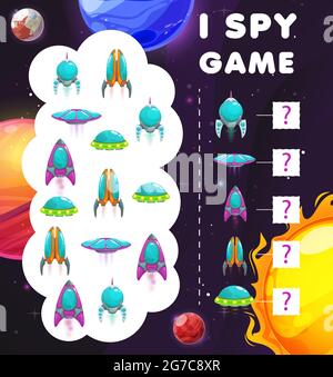 I spy game, galaxy, planets and spaceships. Kids vector riddle with cartoon space ships and ufo saucers in cosmos with alien planet. How many rockets Stock Vector