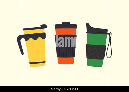 Set of tumblers with cap and handle. Reusable cups and thermo mugs. Different designs of thermos for take away coffee. Vector illustrations isolated Stock Vector