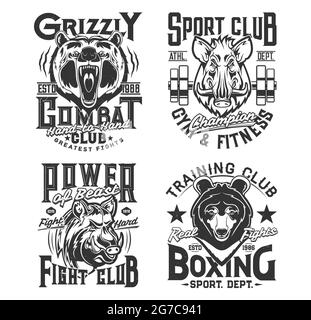 Sport t shirt prints, animals, gym, boxing club and street fighting vector emblems. Fitness strong power quotes, wild animals mascot badges of grizzly Stock Vector