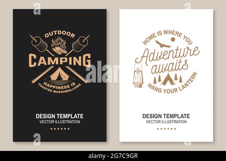 Happy camper. Happiness is toasted marshmallows. Vector Flyer, brochure, banner, poster design with camping tent, campfire, marshmallow on a stick Stock Vector