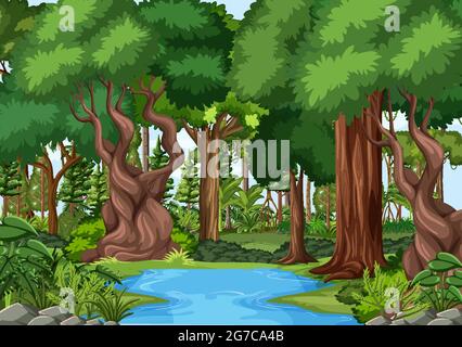 Forest scene with pond and many trees illustration Stock Vector Image ...