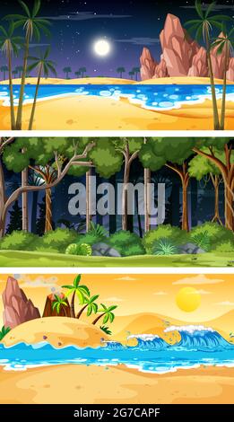 Three different nature horizontal scenes illustration Stock Vector