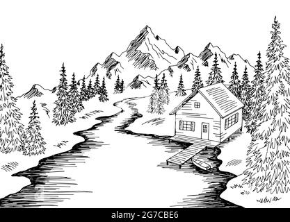 River house road graphic black white landscape sketch illustration vector Stock Vector