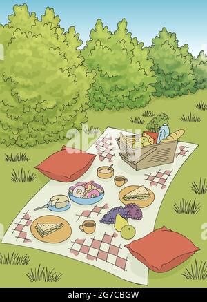 Picnic vertical graphic color landscape sketch illustration vector Stock Vector