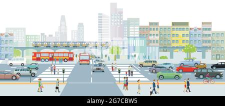 City silhouette with people on the sidewalk and road traffic illustration Stock Vector