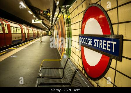 London- July, 2021: Goodge Street London underground station platform. Stock Photo