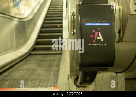 London- July, 2021: UVC Disinfectant device fitting on the London underground to help reduce the spread of Covid 19 Stock Photo
