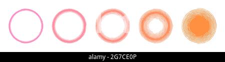Set of 5 vector background circle frames with a smooth color transition from pink to orange, concentric circles in grunge style, design element for web, social media highlights, banner, round template Stock Vector