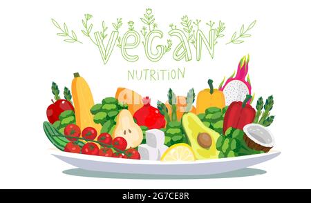 Big plate with vegan foods - fresh raw vegetables and fruits. Vector illustration concept with floral lettering for banner, flyer, menu card. Avocado, Stock Vector