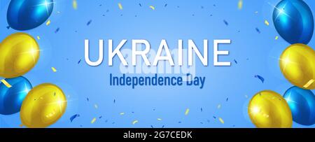 Happy independence day of Ukraine. Horizontal banner with air balloons and greeting text Stock Vector