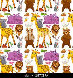 Seamless pattern with cute wild animals on white background illustration Stock Vector