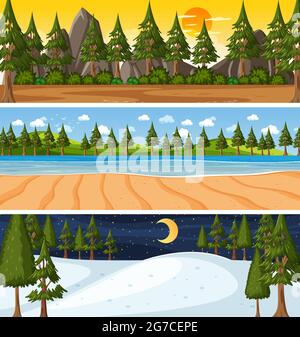 Set of three different nature horizontal scenes illustration Stock Vector
