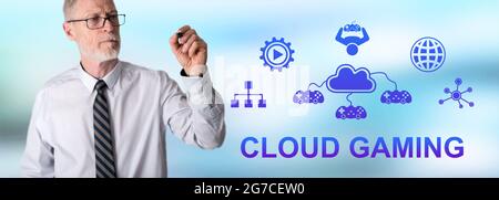 Cloud gaming concept drawn by a businessman Stock Photo