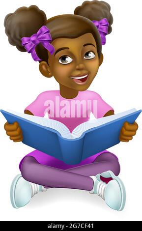 Black Girl Child Cartoon Kid Reading Book Stock Vector