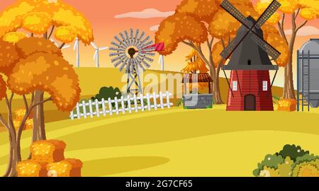 Empty farm at sunset time scene with red barn and windmill illustration ...