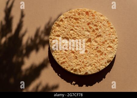 close up of natural round cellulose sponge for face cleansing and make up remowal with trendy plant shadows Stock Photo