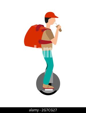 Delivery of goods, pizza, man, rides fast on a monowheel, fast delivery, driving without obstacles, modern mode of transportation, delivery. Vector illustration Stock Vector