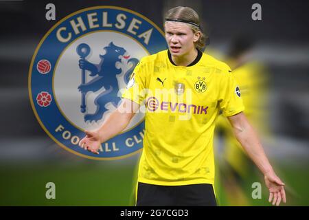 Berlin, Deutschland. 13th July, 2021. PHOTOMONTAGE: Report: FC Chelsea offers high pay for BVB star Haaland. Archive photo: Erling HAALAND (DO), gesture, gives instructions, action, single image, trimmed single motif, half figure, half figure. 78th DFB Pokal Final, RB Leipzig (L) - Borussia Dortmund (DO) 1-4 in the Olympic Stadium in Berlin/Germany on May 13th, 2021. ## DFL/DFB regulations prohibit any use of photographs as image sequences and/or quasi-video ## Â¬Â Credit: dpa/Alamy Live News Stock Photo