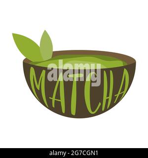 Cute cup of matcha tea. The inscription on the inside of the cup - Matcha. For sticker, patch, card, phone case, poster, t-shirt, mug. Vector illustration Stock Vector