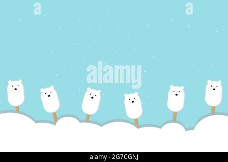 Banner ice cream Polar bear on a wooden stick, snow, snowflakes. Flat style. The shape of a polar bear, on a blue background. Wrap, template, background, backdrop, advertisement. Vector illustration Stock Vector