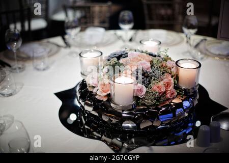 Wedding Guest Dining Table Decorations, Wedding Ceremony Dinner Stock Photo