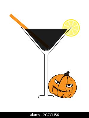 Black lemonade, Martini halloween holiday with lemon and pumpkin. Pumpkin handmade author drawing, element for your design, isolated, white background. Vector illustration Stock Vector
