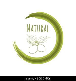 Natural product, lemon doodle, environmentally friendly healthy food. Round sign, logo. Vector authors brush. Vector illustration Stock Vector