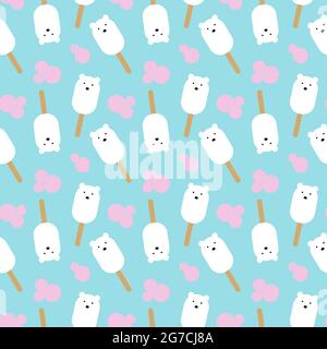 Seamless ice cream pattern Polar bear on a wooden stick, round snow. Flat style. On a blue background. Wrap, label, template, background, backdrop, banner. Vector illustration Stock Vector