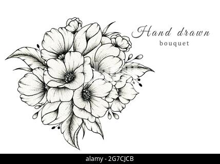 Simple Hand Drawn Floral Composition with Various Big and Small Flowers and  Leaves Isolated on White Background, Warm Ink Drawing Stock Illustration -  Illustration of black, botany: 229669742