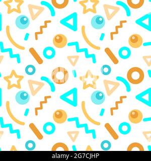 Colorful bright pattern with abstract shapes on a white background, Memphis style, circles, triangles, stars, sticks, ball. Backgrounds. Vector illustration Stock Vector