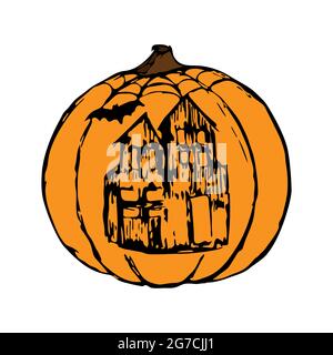 Halloween orange pumpkin, silhouette of a scary old house, ruins, bat, hand drawing. Vector illustration Stock Vector