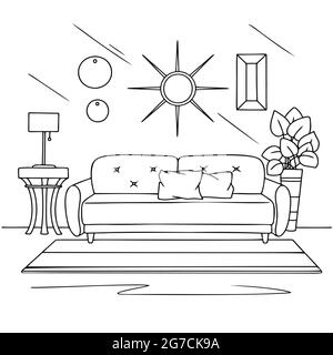 Living room sketch in black on white. Interior sketch, sofa, lamp and other furniture. Vector illustration Stock Vector